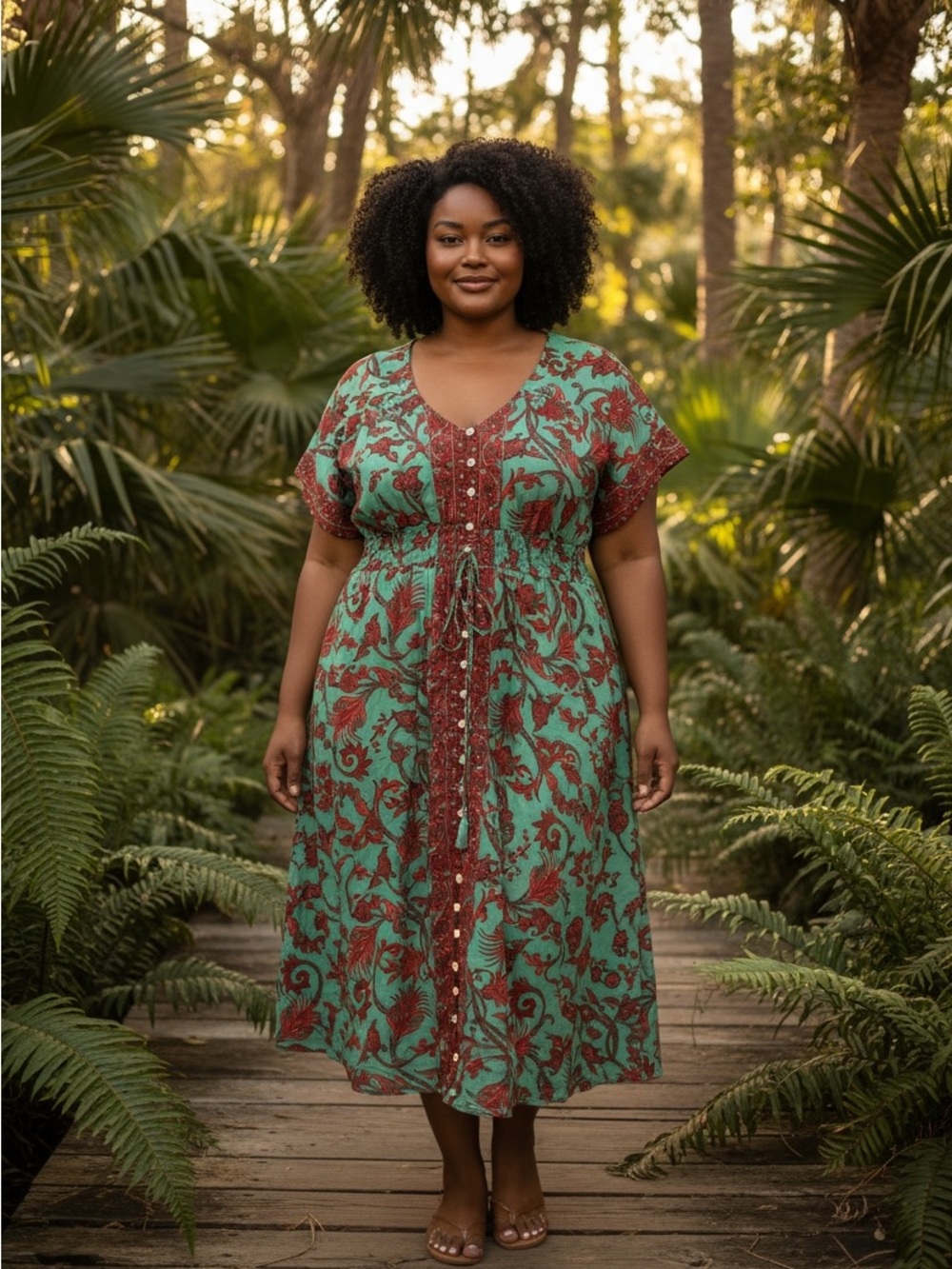 Aller Simplement Green & Rust Floral Maxi Dress-EUC